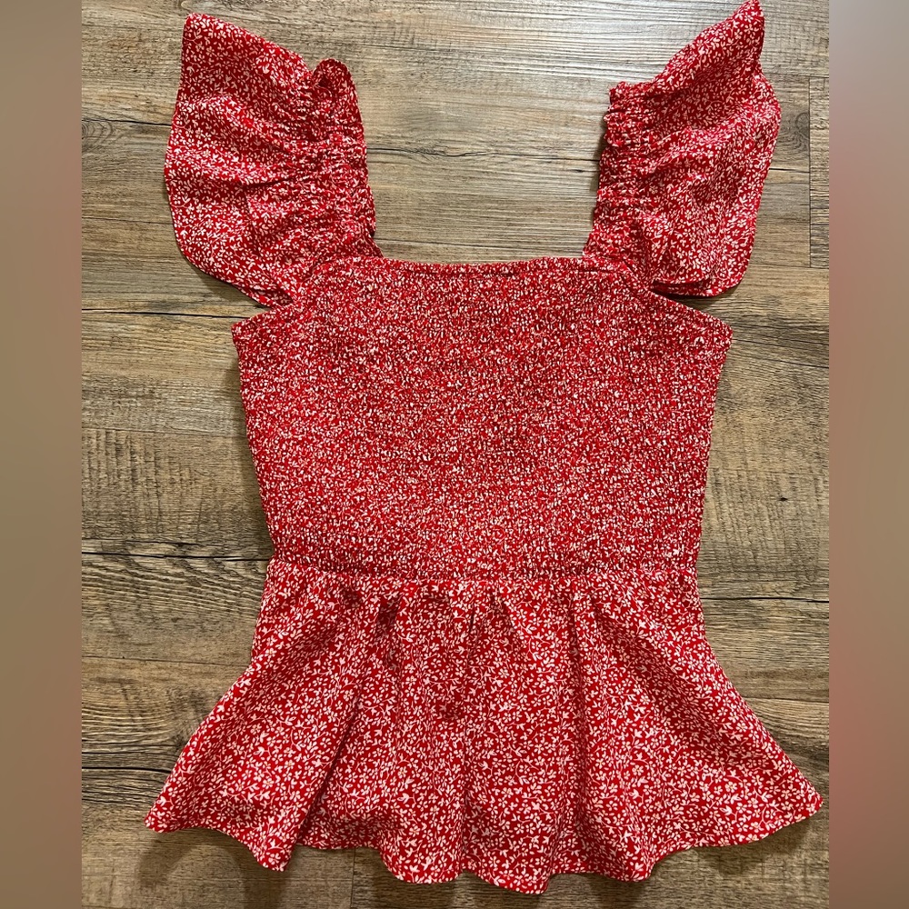 Cute red floral smocked blouse